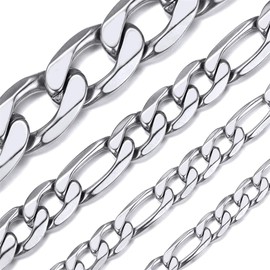 ChainsHouse 4 / 6 / 9 / 13 mm Figaro Chain Fashion Necklace, Stainless Steel / Silver / 18K Gold Plated / Black, Cool Necklace (14 Inch - 30 Inch) for Model / Hip / Pop / Rapper, Men and Women, Stainless Steel, 02 Silver