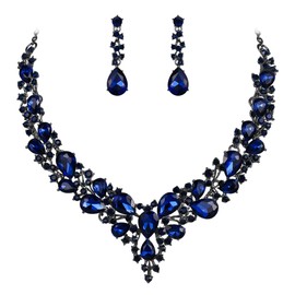 BriLove Wedding Bridal Austrian Crystal Teardrop Cluster Statement Necklace Dangle Earrings Jewelry Set for Women Sapphire Color Black Toned