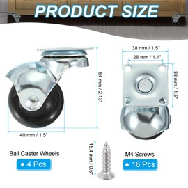 PATIKIL 1.5 Inch Ball Caster Wheels Set of 4, 360° Rotating Swivel Top Plate Wheels 298 lbs Total Capacity Caster with M4 Screws for Furniture Table Cabinet Silver