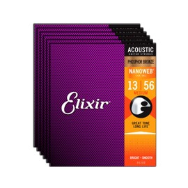 Elixir Phosphor Bronze Nanoweb 16102 Medium 13-56 Acoustic Guitar Strings 6-Pack w/Bonus Elixir Polishing Cloth