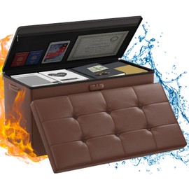 ENGPOW Storage Ottoman Bench,Fireproof Folding Storage Bench with Lock,30 Inches Fire＆Water Resistant Storage Chest Foot Rest Stool Leather Bedroom Bench with Storage Safe for Document,Valuables,Brown