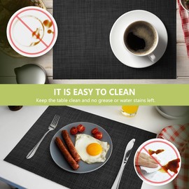 AUAUY Placemats Set of 6, Non-Slip Heat Resistant Table Mats, PVC Vinyl Woven Table Placemats Washable for Kitchen Dinning Restaurant, Farmhouse (Black, 6)