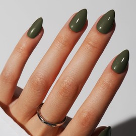 KQueenest Olive Green Press On Nails Short - Acrylic Press On Nails Almond, Sheer Moss Green Fake Nails with Glue, Glossy Opaque, Stiletto Reusable Soft Gel Glue on Nails for Women, 30 Pcs