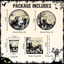 Halloween Party Tableware Set for 20 Guests, Party Decors Dinnerware Set