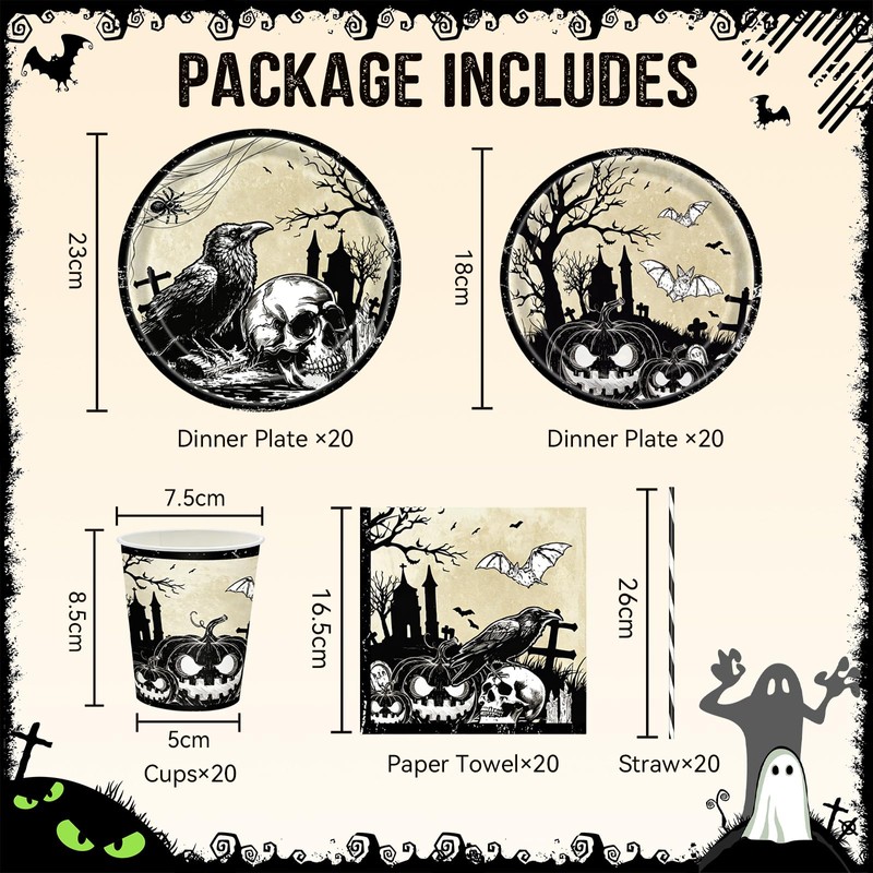 Halloween Party Tableware Set for 20 Guests, Party Decors Dinnerware