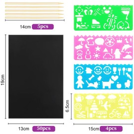 LEEQBCR Pack of 50 Kids Scratch Art Black Paper, Scratch Paper, Children's Scratch Drawing Paper with 5 Wooden Pens and 4 Stencil Rulers for Notes, Drawings, Games, Writing