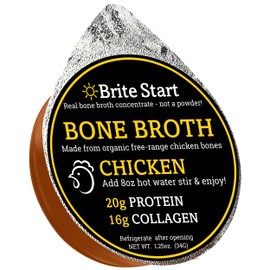 Brite Start Bone Broth - Chicken Bone Broth - 4 Count - Keto Friendly Concentrate Packed with 16g Collagen, 20g Paleo Protein - Made from Free Range Chicken Bones - Single Serve Packets