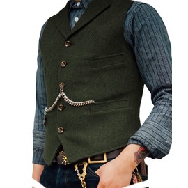 AeoTeokey Classic Mens Wool Tweed Suit Vest Casual Sleeveless Jacket Herringbone Waistcoat for Tuxedos(L,Army Green)