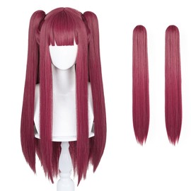 Dark Red Pigtails Wig Devil Cosplay Costume Straight Ponytails Anime Cute Kawaii Wig with Bangs + Cap (Dark Red)