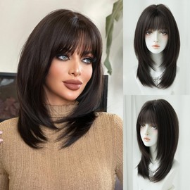 7JHH WIGS 20in Natural Black Long Straight Layered Bangs Wigs Natural Black Tea Heat Resistant Synthetic Fiber Layered Women Wigs for Chrismas Daily Party Daily Used