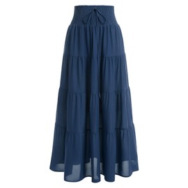IWEMEK Women Summer Boho Maxi Skirt Ruched Elastic High Waist Casual Ruffle Flowy Swing Tiered Pleated A-Line Holiday Casual Gypsy Vintage Long Skirts Full Length Navy Blue XXL