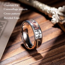 King Will Cross Ring for Men Silver Titanium Wedding Band Brown Camouflage Inlay Ring 8mm Width Comfort Fit Size 7-14丨Faith Collection 9