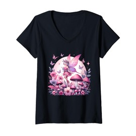 Womens Enchanted Forest Fantasy Fairy Mystical Butterfly & Floral V-Neck T-Shirt