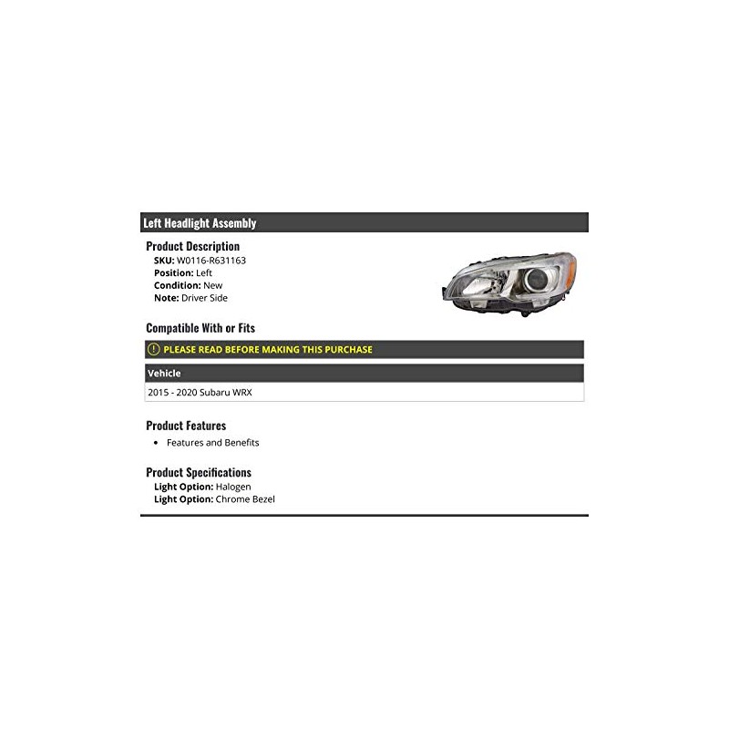 Left Driver Side Halogen Headlight Assembly - with Chrome Bezel