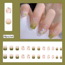 Wedity 24 Pieces Christmas Tree Love Short Nails False Pearl Flowers Dog Rabbit Acrylic False Nails Print on Nails for Women Girls (G)