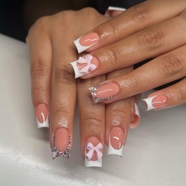White French Tips Press on Nails Medium Square Fake Nails with 3D Pink Bow Charm Design Colorful Rhinestone False Nails Skin Tones Stick on Nails Glossy Summer Glue on Nails for Women Manicure 24Pcs