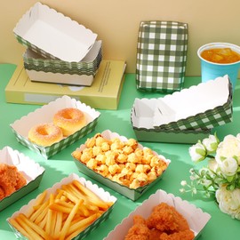 Havawish 60 Pack Sage Green Gingham Disposable Food Trays, Green Plaid Scalloped Paper Snack Boats, Disposable Serving Food Boats, Nacho Plates for Party, Wedding, Picnic, BBQ, Baby Shower Supplies