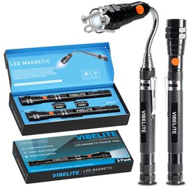 VIBELITE Extendable Magnetic Flashlight with Telescoping Magnet Pickup Tool-Cool Gadget Christmas Gifts Stocking Stuffers for Men, Teen Boys, Dad, Father, Mechanic, Boyfriend, Women, Black, 2 Pack