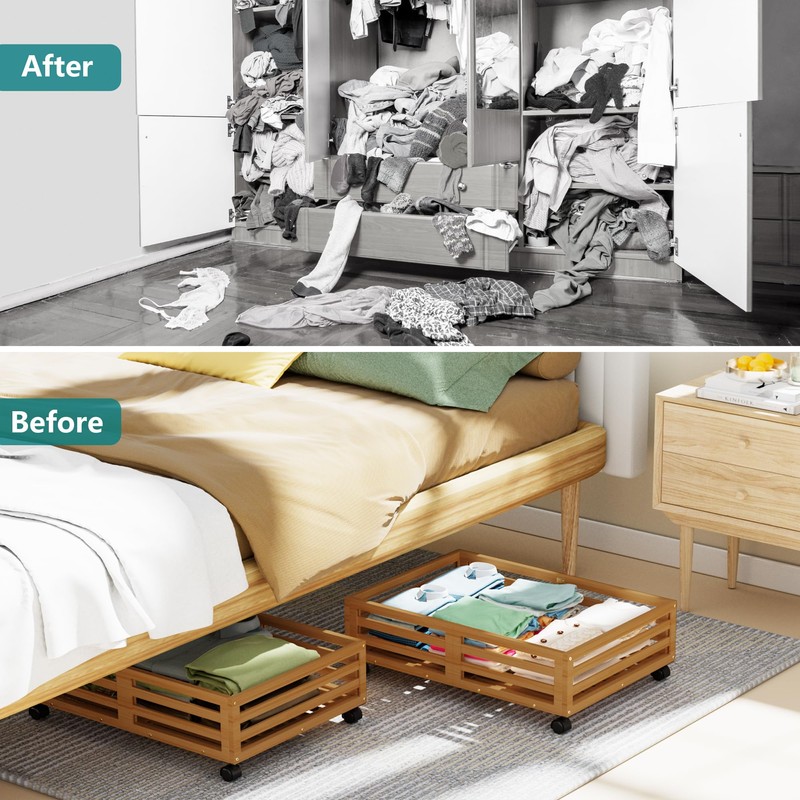 Wisuce Bamboo Under Bed Storage Containers- Underbed Organizer with Wheels