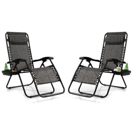 Tangkula Set of 2 Zero Gravity Chair, Folding Patio Lounge Chair Adjustable Outdoor Recliner with Cup Holder, Wide Armrest for Patio Garden Poolside Outdoor Yard Beach, Support 350 lbs (2, Grey)