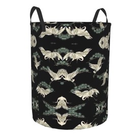 Japanese Crane & Pine Print Circular Protable Storage Bin Organizer Round Basket For Laundry Hamper With Handles