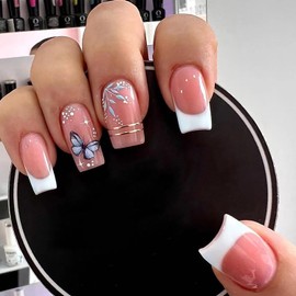 Press on Nails Square Medium French Tip 24Pcs Glossy Full Cover Artificial White Fake Nails with Blue Butterfly Designs Coffin Acrylic False Nails Sets Glue Stick on Fingernails with Charm for Women
