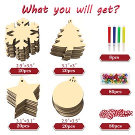 Atpxdk 80pcs Wooden Christmas Ornaments Crafts for Kids Unfinished Wood Slices with Holes, DIY Christmas Ornaments Hanging Decorations