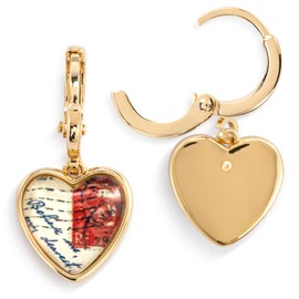 DEMDACO Art Heart Postage Stamp Letters Women's Dangle Durable Brass Metal Everyday Hoop Earrings with Attached Backs in Gifting Box, P.S. I Love You