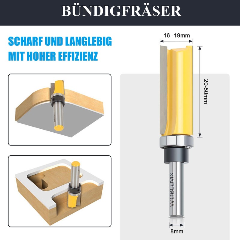 WOBLLMX 8 mm Shank Flush Cutter, Diameter 19 mm, Working