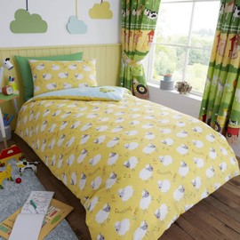 Happy Linen Company Kids Boys Girls Farm Animals Counting Sheep Green Yellow Reversible Single Bedding Duvet Cover Set
