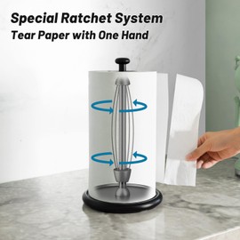VEHHE Paper Towel Holder Countertop with Weighted Base, One-Handed Tear Paper Towel Holder with Damping Function and EVA Non-Slip Pad for Bathroom and Kitchen (Black)