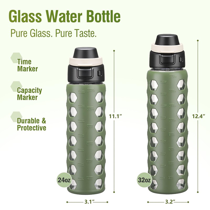 MUKOKO 32 oz Glass Water Bottle, Olive, 1 Pack