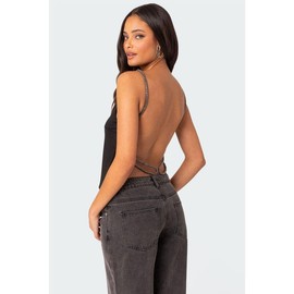 Karli Rhinestone Strap Open Back Top - Color: BLACK, Size: S