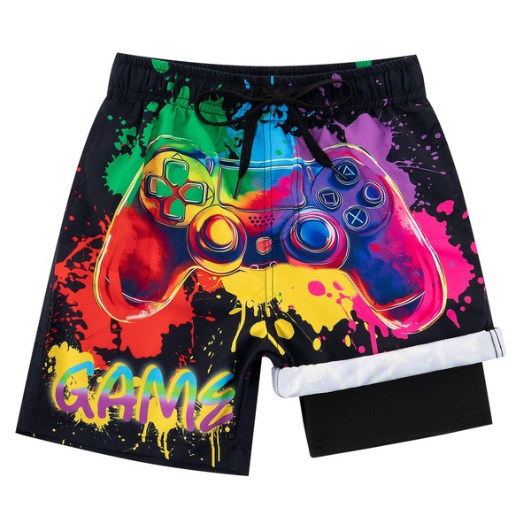 Lovekider Boys Swim Trunks with Compression Liner Neon Game Consoles