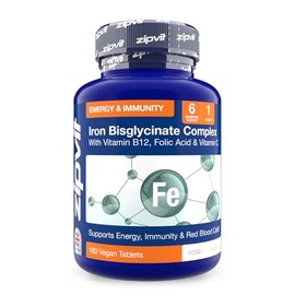 Zipvit Iron Tablets High Strength with Vitamin C, B12 & Folic Acid, 180 Vegan Energy Tablets, Iron Bisglycinate Supplements for Women & Men for Energy & Absorption