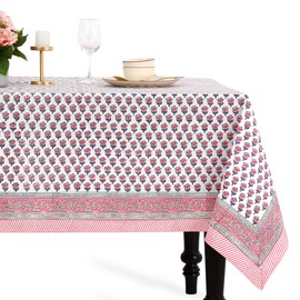 CPC Tablecloth 100% Cotton 70x118 Inch Indian Block Print Rectangle Table Cover, Table Cloth for Weddings, Spring/Summer, Barbeque -Pink Sapphire