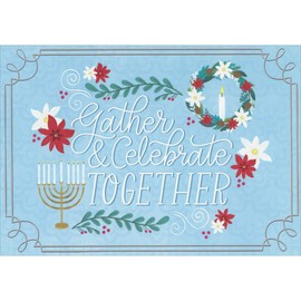 Designer Greetings Gather and Celebrate Together Wreath and Menorah Interfaith Christmas and Hanukkah Card