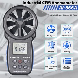 HVAC CFM Anemometer, AIOMEST Handheld Air Flow Meter Measuring Wind Speed/Airflow Velocity, Test Air Volume,Temperature, Humidity, Digital CFM Tester AI-866A with Real-Time USB Sync to PC