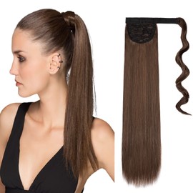 Cybelleza Straight Ponytail Extension Long Wrap Around Ponytails 22 inch Clip in Hair Extensions Hairpiece Synthetic for Women 105g, Medium Brown/Light Auburn