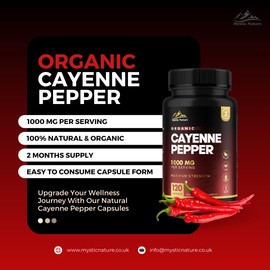 Organic Cayenne Pepper Capsules | 120 Capsules | 1000 MG | 100% Natural | Cayenne Pepper Organic Supplement | Vegan Non-GMO Zero Additives | UK Brand