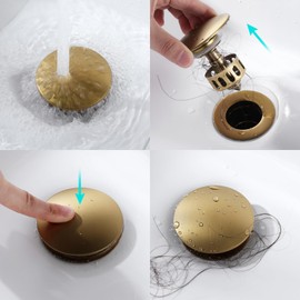 KAIYING Pop Up Drain, Bathroom Sink Drain Stopper, Vessel Sink Drain Assembly with Detachable Basket Stopper, Anti-Explosion and Anti-Clogging Drain Strainer (NO Overflow, Brushed Brass)