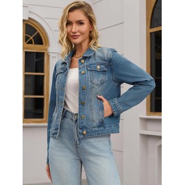 CIMUK Womens Jean Jacket Casual Long Sleeve Washed Button Up Denim Jackets Large Blue