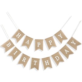 Vintage Burlap Happy Birthday Banner,6.6 Feet Jute Hanging Bunting,Reusable Swallowtail Flag with White Letters for Birthdays,for Happy Birthday Party Decorations,Indoor and Outdoor Use