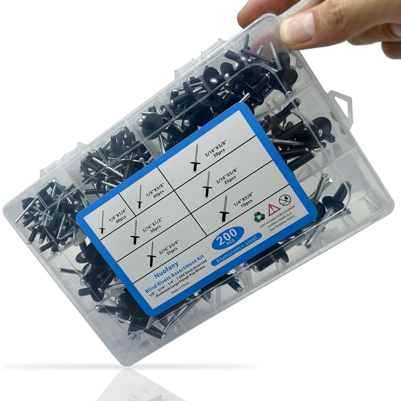 200PCS Black Rivets Pop Rivets Assortment Kit,7 Sizes Aluminum Blind