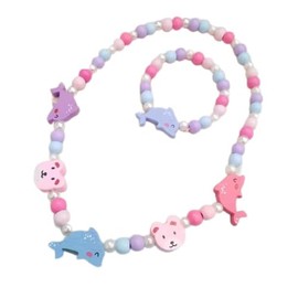 YKKJ Wooden Children's Jewellery Set, Unicorn Friendship Bracelet, Unicorn Beads Necklace and Bracelet, Gift for Girls, Birthday, Party, Dress Up Costume Accessories, Dolphin