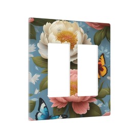 Spshian Pink/White Peony Flower Blue Butterfly Outlet Covers Double Rocker Light Switch Covers Decorative 2 Gang Gfci Wall Plate Electrical Receptacle Switchplate Plug Faceplate Bathroom Decor