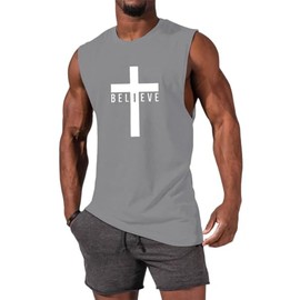 iudam Men's Gym Workout Tank Tops Loose Fit Cross Graphic Faith Jesus Christian Shirts (Grey,S)