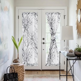 FMFUNCTEX French Front Door Curtains for Glass Door Curtains 72 Inches Long White Semi-Sheer Window Curtain Black Branch Print Curtain for Patio Door with Tie-Back 50 Inches Wide Rod Pocket 1 Panel