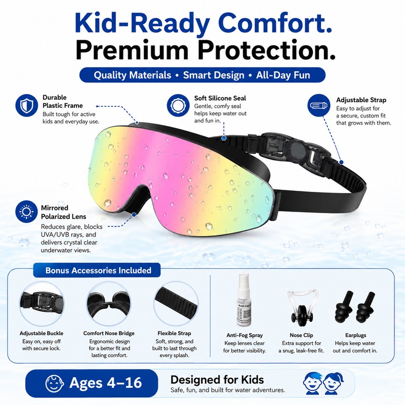 Kids Polarized Swim Goggles for Ages 4–16 – Anti-Fog Wide