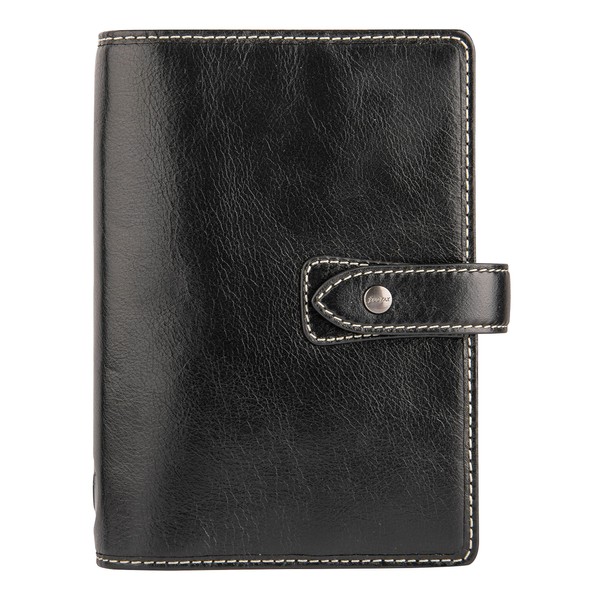Filofax Malden Organizer, Personal Size, Black - Tactile, Full Grain Buffalo Leather, Six Rings, with Cotton Cream Week-to-View Calendar Diary, Multilingual, 2023 (C028626-23)